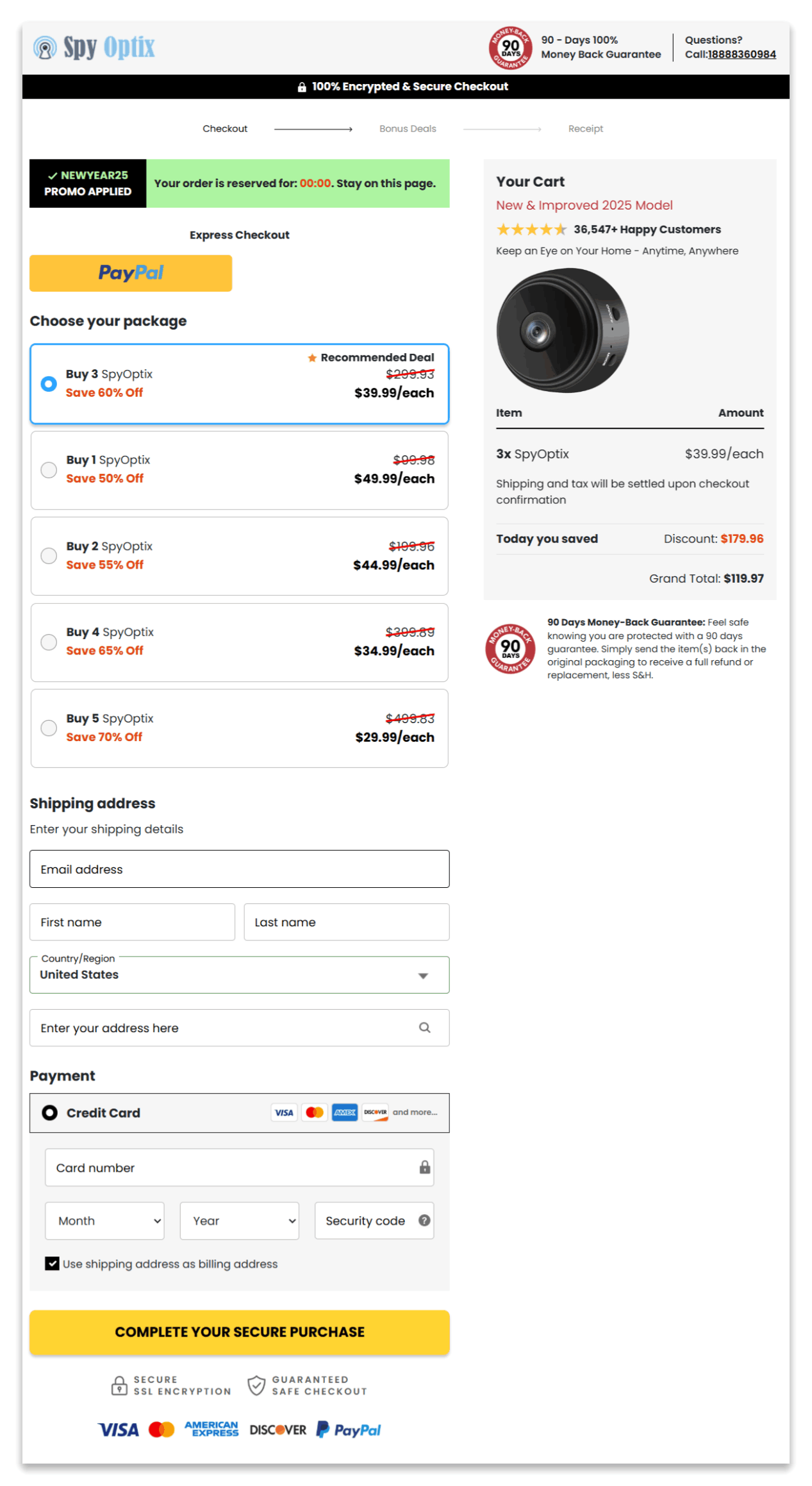 SpyOptix secure checkout page